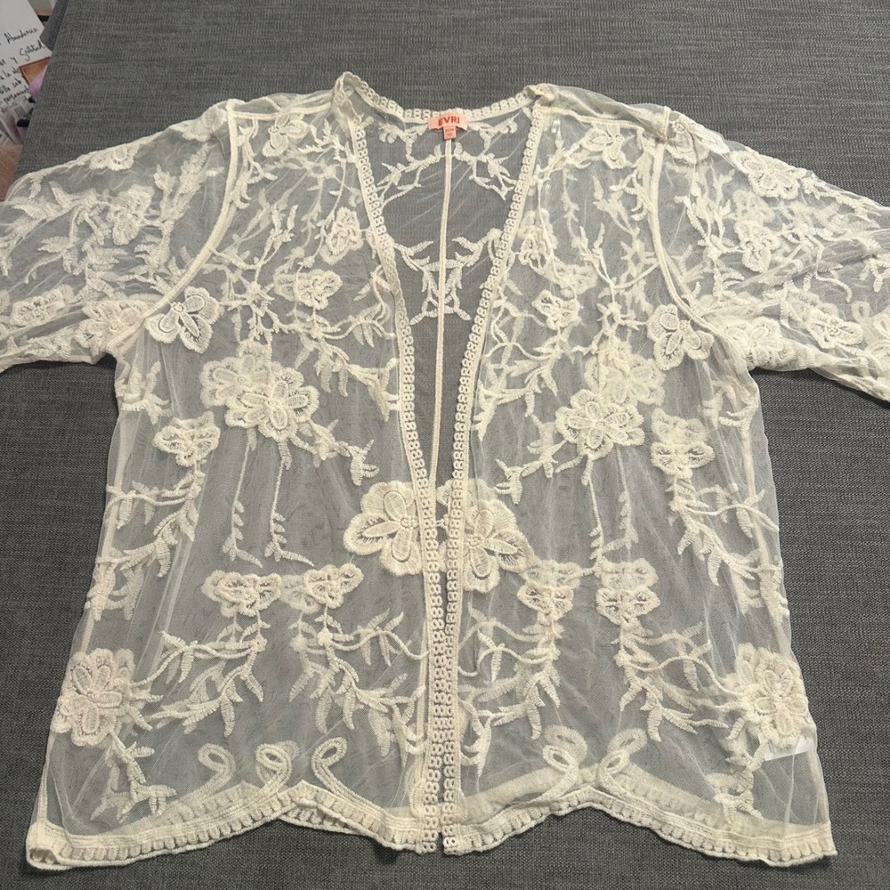 EVRI Kimono Cardigan Womens 2X/3X Ivory Embroidered Mesh Floral Boho